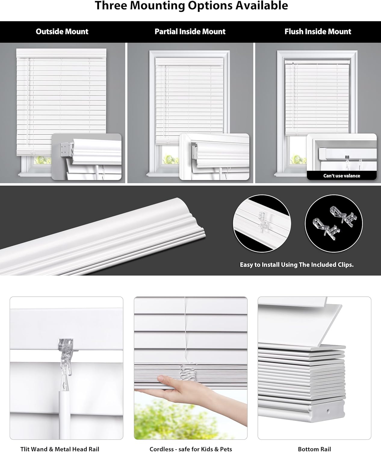 Size 35.5x60 Color White LazBlinds 2-inch Cordless Faux Wood Blinds with Royal Valance, Room Darkening Horizontal Window Blinds, Inside Mount Blinds for Windows - Fit for Window 35.5'' W x 60'' H - White